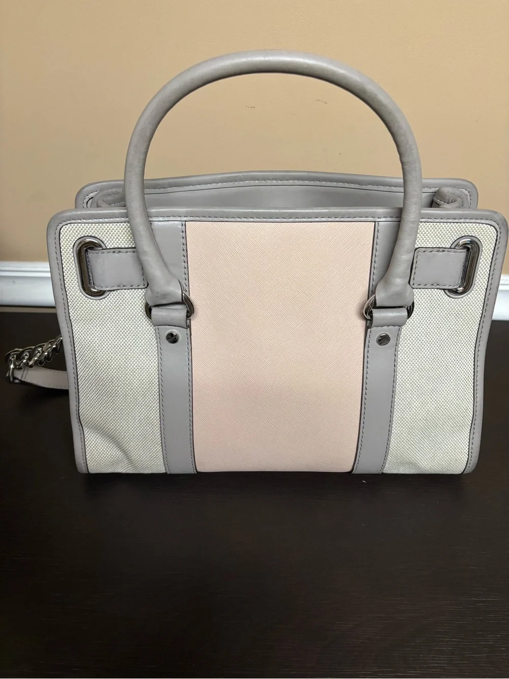 Michael Kors Pink, Gray & Cream Leather Satchel with MK Charm